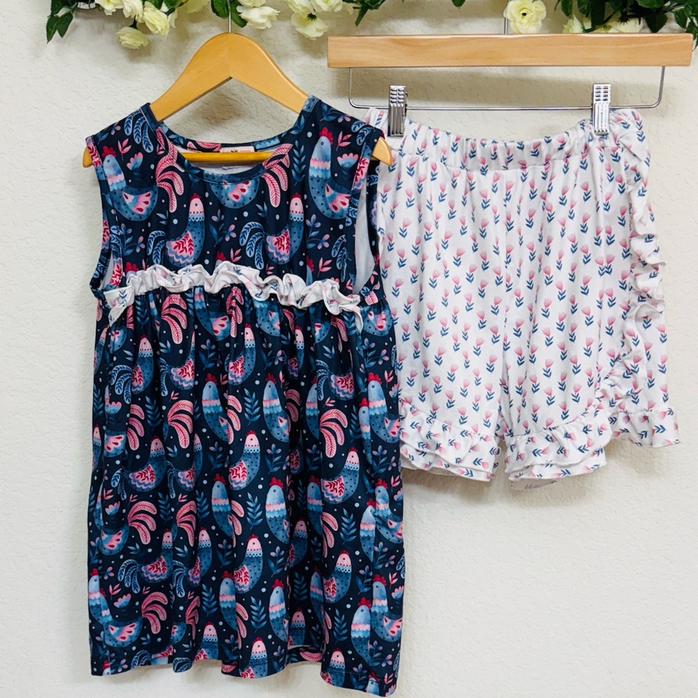 Pete + Lucy • Navy and Pink Rooster Top and Shorts Matching Coordinating Set
